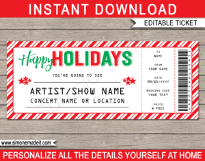 Printable Holidays Gift Concert Ticket Template | Surprise Tickets to a Concert, Band, Show, Music Festival, Performance, Artist | Fake Concert Ticket | Holiday Present | DIY Editable & Printable Template | Instant Download via giftsbysimonemadeit.com