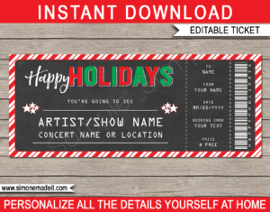 Printable Holidays Gift Concert Ticket Template | Surprise Tickets to a Concert, Band, Show, Music Festival, Performance, Artist | Fake Concert Ticket | Holiday Present | DIY Editable & Printable Template | Instant Download via giftsbysimonemadeit.com
