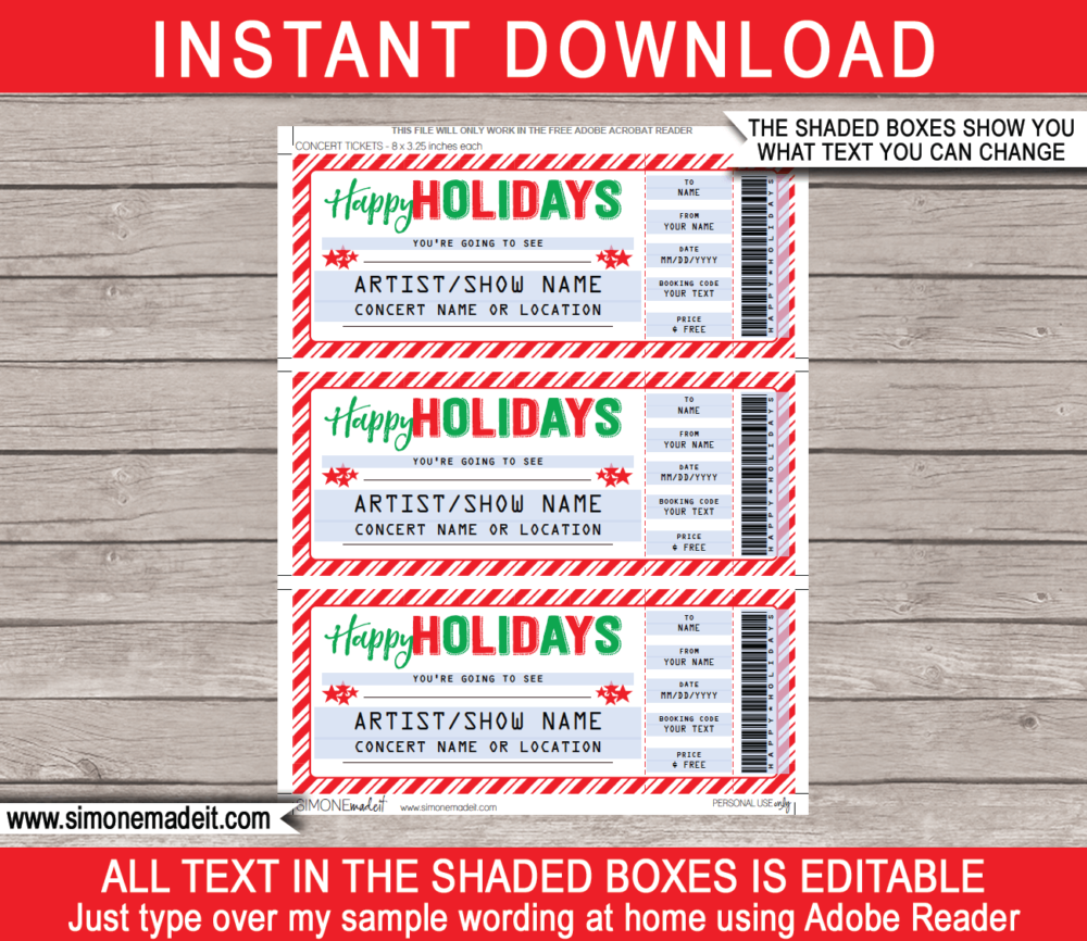 Printable Holidays Gift Concert Ticket Template | Surprise Tickets to a Concert, Band, Show, Music Festival, Performance, Artist | Fake Concert Ticket | Holiday Present | DIY Editable & Printable Template | Instant Download via giftsbysimonemadeit.com