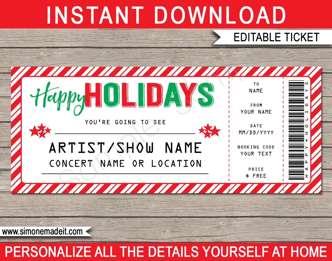 Printable Holidays Gift Concert Ticket Template Gift Voucher Present