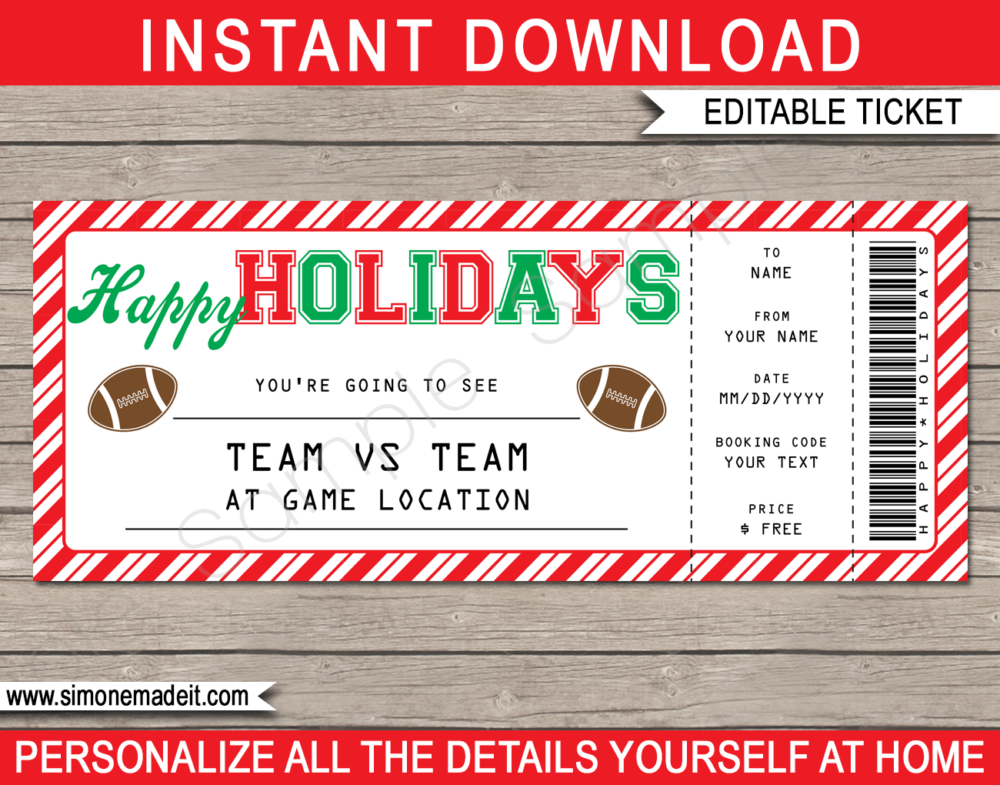 Printable Holidays Football Ticket Gift Voucher Template - Surprise tickets to a Football Game - Gift Certificate - Holiday present - DIY Editable & Printable Template - INSTANT DOWNLOAD via giftsbysimonemadeit.com #lastminutegift