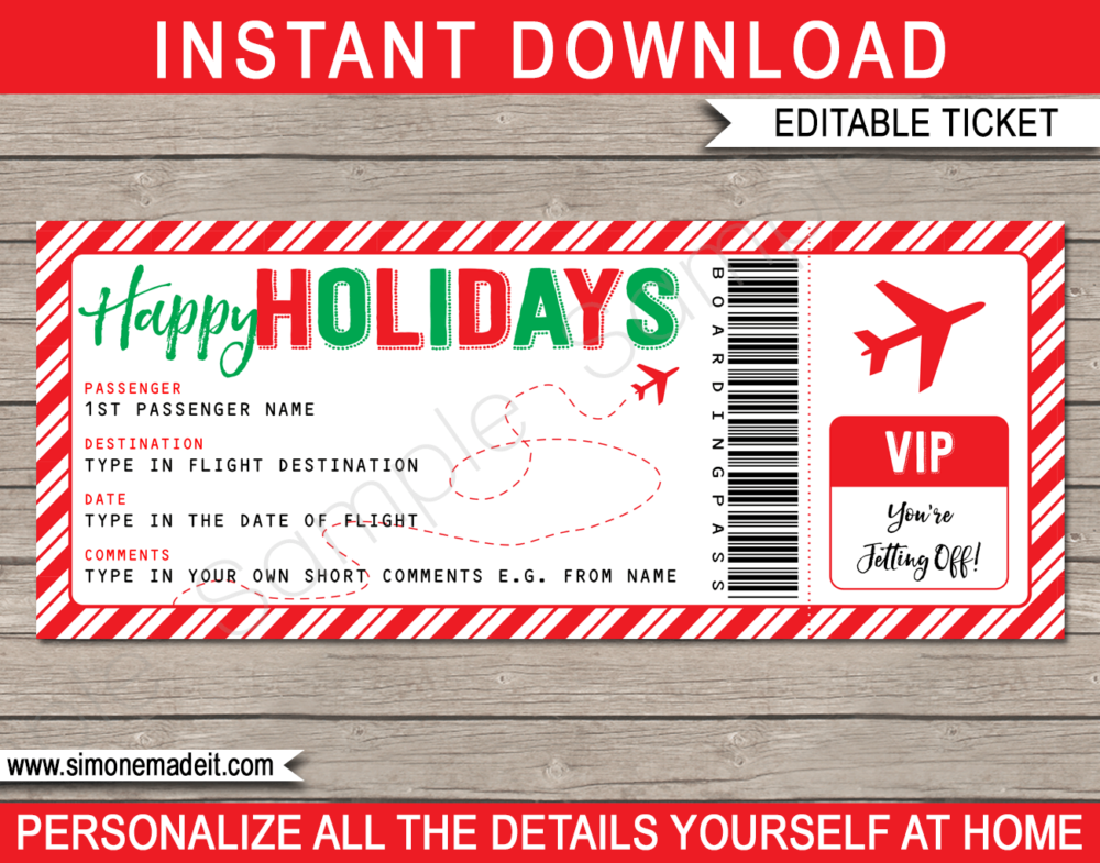 Holiday Gift Boarding Pass Ticket Template | Surprise Trip Reveal | Flight, Trip, Getaway, Vacation | Faux Fake Plane Ticket | Holiday Present | DIY Editable Text | Instant Download via giftsbysimonemadeit.com
