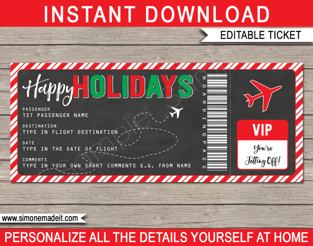 Printable Holiday Gift Boarding Pass Ticket | Surprise Trip Reveal | Flight, Trip, Getaway, Vacation | Faux Fake Plane Ticket | Holiday Present | DIY Editable & Printable Template | Instant Download via giftsbysimonemadeit.com