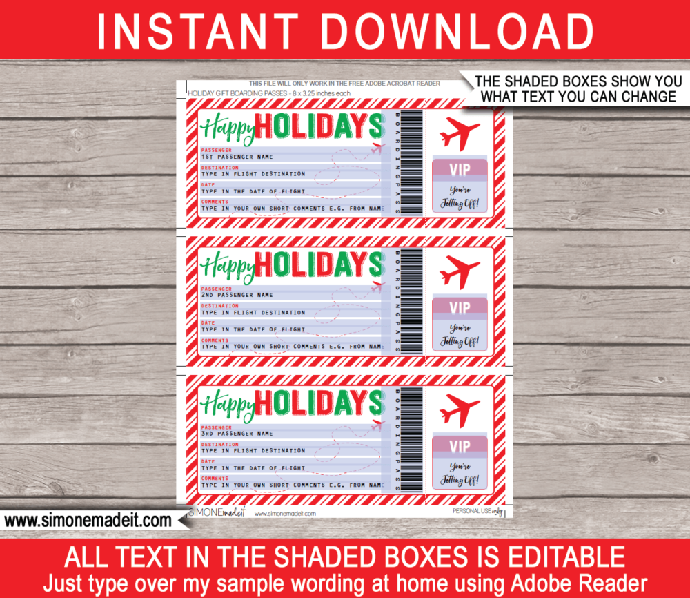 Printable Holiday Gift Boarding Pass Template | Surprise Trip Reveal | Flight, Trip, Getaway, Vacation | Faux Fake Plane Ticket | Holiday Present | DIY Editable & Printable Template | Instant Download via giftsbysimonemadeit.com