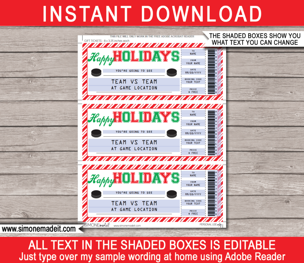 Printable Holidays Hockey Ticket Gift Voucher Template - Surprise tickets to a Hockey Game - Gift Certificate - Holiday present - DIY Editable & Printable Template - INSTANT DOWNLOAD via giftsbysimonemadeit.com #lastminutegift