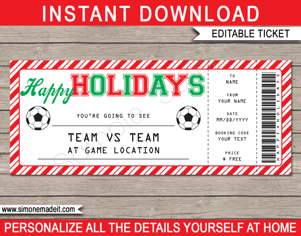 Printable Holidays Soccer Ticket Gift Voucher Template - Surprise tickets to a Football Soccer Game - Gift Certificate - Holiday present - DIY Editable & Printable Template - INSTANT DOWNLOAD via giftsbysimonemadeit.com #lastminutegift