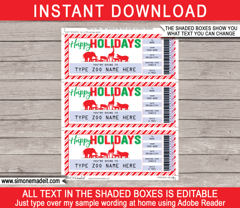 Printable Holiday Zoo Tickets Gift Voucher | Animal Safari Wildlife Park Tickets | Surprise Tickets to the Zoo | Fake Zoo Tickets | Holiday Present | DIY Editable & Printable Template | Instant Download via giftsbysimonemadeit.com