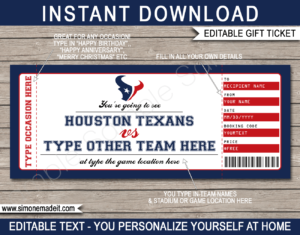 Printable Houston Texans Game Ticket Gift Voucher Template | Surprise tickets to a Houston Texans Football Game | Editable Text | Gift Certificate | Birthday, Christmas, Anniversary, Retirement, Graduation, Mother's Day, Father's Day, Congratulations, Valentine's Day | INSTANT DOWNLOAD via giftsbysimonemadeit.com