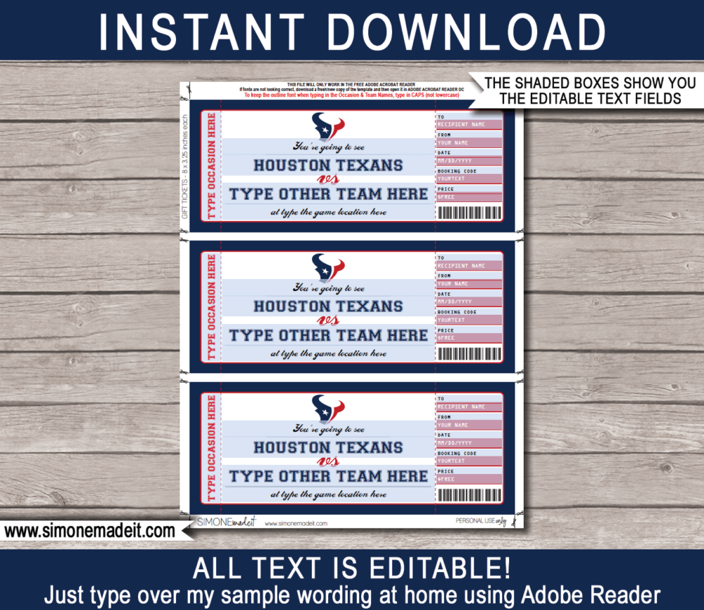 Printable Houston Texans Game Ticket Gift Voucher Template | Surprise tickets to a Houston Texans Football Game | Editable Text | Gift Certificate | Birthday, Christmas, Anniversary, Retirement, Graduation, Mother's Day, Father's Day, Congratulations, Valentine's Day | INSTANT DOWNLOAD via giftsbysimonemadeit.com