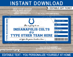 Printable Indianapolis Colts Game Ticket Gift Voucher Template | Surprise tickets to a Indianapolis Colts Football Game | Editable Text | Gift Certificate | Birthday, Christmas, Anniversary, Retirement, Graduation, Mother's Day, Father's Day, Congratulations, Valentine's Day | INSTANT DOWNLOAD via giftsbysimonemadeit.com