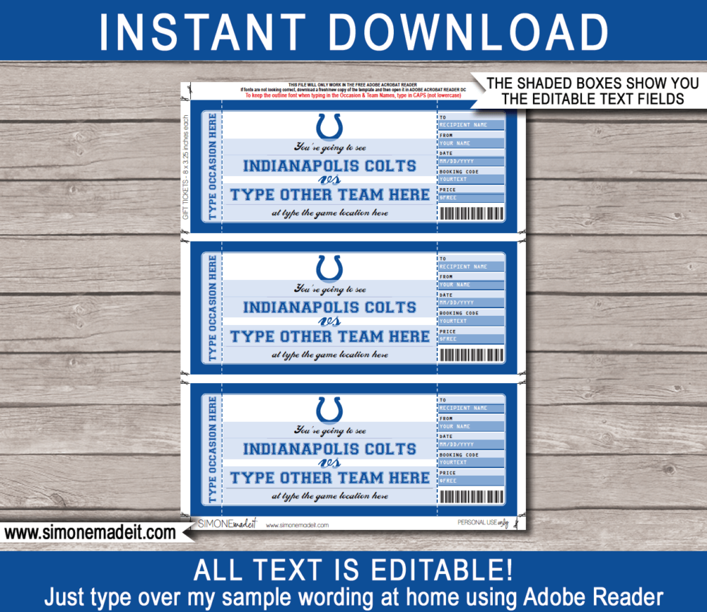 Printable Indianapolis Colts Game Ticket Gift Voucher Template | Surprise tickets to a Indianapolis Colts Football Game | Editable Text | Gift Certificate | Birthday, Christmas, Anniversary, Retirement, Graduation, Mother's Day, Father's Day, Congratulations, Valentine's Day | INSTANT DOWNLOAD via giftsbysimonemadeit.com