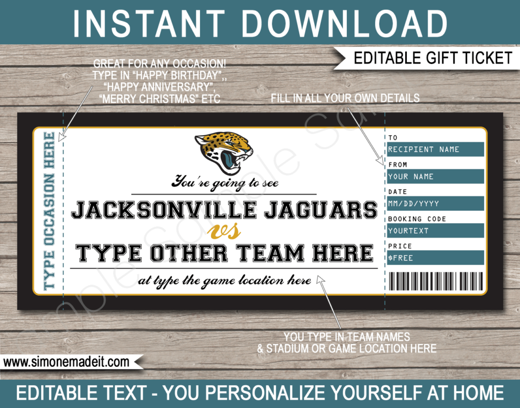 Jacksonville Jaguars Game Ticket Gift Voucher Printable Surprise