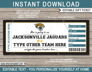 Printable Jacksonville Jaguars Game Ticket Gift Voucher Template | Surprise tickets to a Jacksonville Jaguars Football Game | Editable Text | Gift Certificate | Birthday, Christmas, Anniversary, Retirement, Graduation, Mother's Day, Father's Day, Congratulations, Valentine's Day | INSTANT DOWNLOAD via giftsbysimonemadeit.com