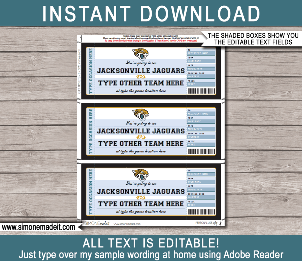 Printable Jacksonville Jaguars Game Ticket Gift Voucher Template | Surprise tickets to a Jacksonville Jaguars Football Game | Editable Text | Gift Certificate | Birthday, Christmas, Anniversary, Retirement, Graduation, Mother's Day, Father's Day, Congratulations, Valentine's Day | INSTANT DOWNLOAD via giftsbysimonemadeit.com