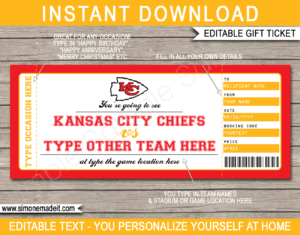 Printable Kansas City Chiefs Game Ticket Gift Voucher Template | Surprise tickets to a Kansas City Chiefs Football Game | Editable Text | Gift Certificate | Birthday, Christmas, Anniversary, Retirement, Graduation, Mother's Day, Father's Day, Congratulations, Valentine's Day | INSTANT DOWNLOAD via giftsbysimonemadeit.com