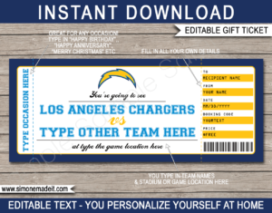 Printable Los Angeles Chargers Game Ticket Gift Voucher Template | Surprise tickets to a Los Angeles Chargers Football Game | Editable Text | Gift Certificate | Birthday, Christmas, Anniversary, Retirement, Graduation, Mother's Day, Father's Day, Congratulations, Valentine's Day | INSTANT DOWNLOAD via giftsbysimonemadeit.com