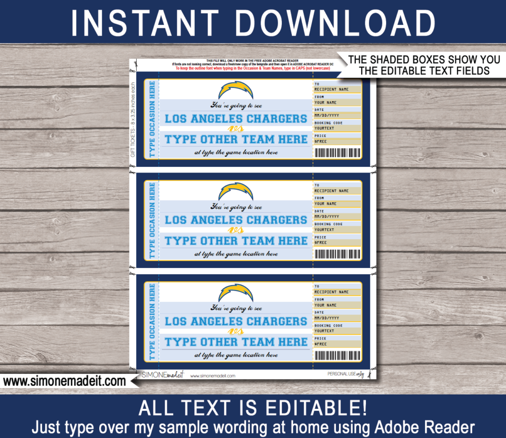 Printable Los Angeles Chargers Game Ticket Gift Voucher Template | Surprise tickets to a Los Angeles Chargers Football Game | Editable Text | Gift Certificate | Birthday, Christmas, Anniversary, Retirement, Graduation, Mother's Day, Father's Day, Congratulations, Valentine's Day | INSTANT DOWNLOAD via giftsbysimonemadeit.com