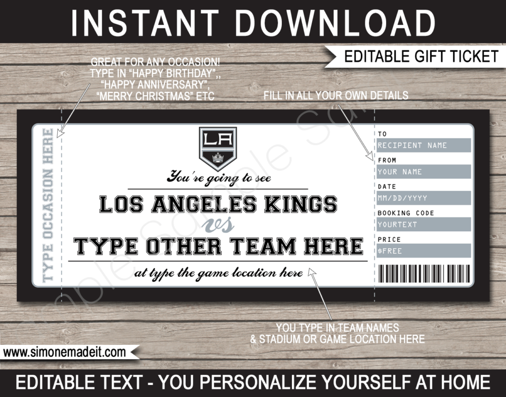 Printable Los Angeles Kings Game Ticket Gift Voucher Template | Printable Surprise NHL Hockey Tickets | Editable Text | Gift Certificate | Birthday, Christmas, Anniversary, Retirement, Graduation, Mother's Day, Father's Day, Congratulations, Valentine's Day | INSTANT DOWNLOAD via giftsbysimonemadeit.com