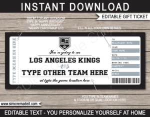 Printable Los Angeles Kings Game Ticket Gift Voucher Template | Printable Surprise NHL Hockey Tickets | Editable Text | Gift Certificate | Birthday, Christmas, Anniversary, Retirement, Graduation, Mother's Day, Father's Day, Congratulations, Valentine's Day | INSTANT DOWNLOAD via giftsbysimonemadeit.com