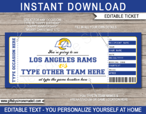 Printable Los Angeles Rams Game Ticket Gift Voucher Template | Surprise tickets to a Los Angeles Rams Football Game | Editable Text | Gift Certificate | Birthday, Christmas, Anniversary, Retirement, Graduation, Mother's Day, Father's Day, Congratulations, Valentine's Day | INSTANT DOWNLOAD via giftsbysimonemadeit.com