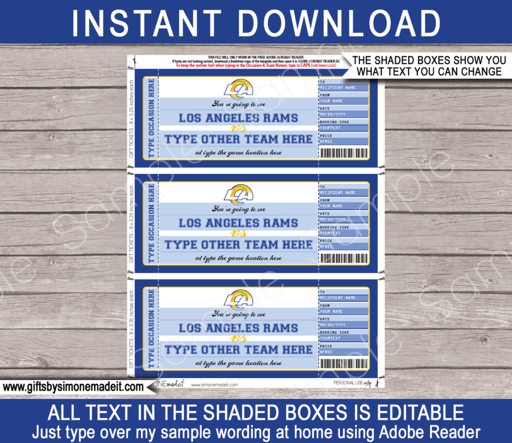 Printable Los Angeles Rams Game Ticket Gift Voucher Template | Surprise tickets to a Los Angeles Rams Football Game | Editable Text | Gift Certificate | Birthday, Christmas, Anniversary, Retirement, Graduation, Mother's Day, Father's Day, Congratulations, Valentine's Day | INSTANT DOWNLOAD via giftsbysimonemadeit.com
