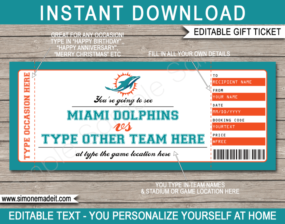 Printable Miami Dolphins Game Ticket Gift Voucher Template | Surprise tickets to a Miami Dolphins Football Game | Editable Text | Gift Certificate | Birthday, Christmas, Anniversary, Retirement, Graduation, Mother's Day, Father's Day, Congratulations, Valentine's Day | INSTANT DOWNLOAD via giftsbysimonemadeit.com