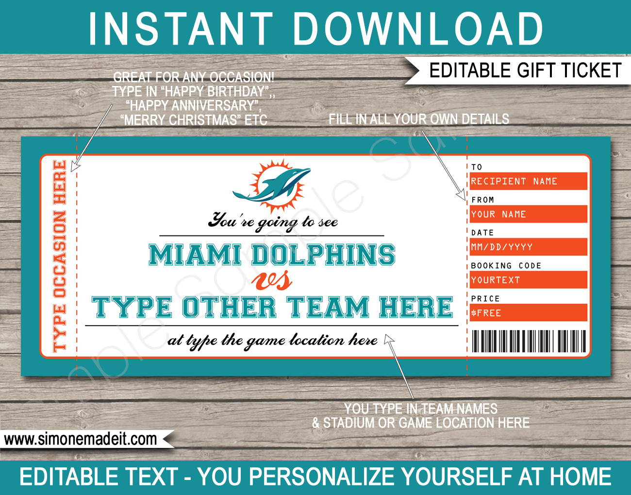 Miami Dolphins Game Ticket Gift Voucher