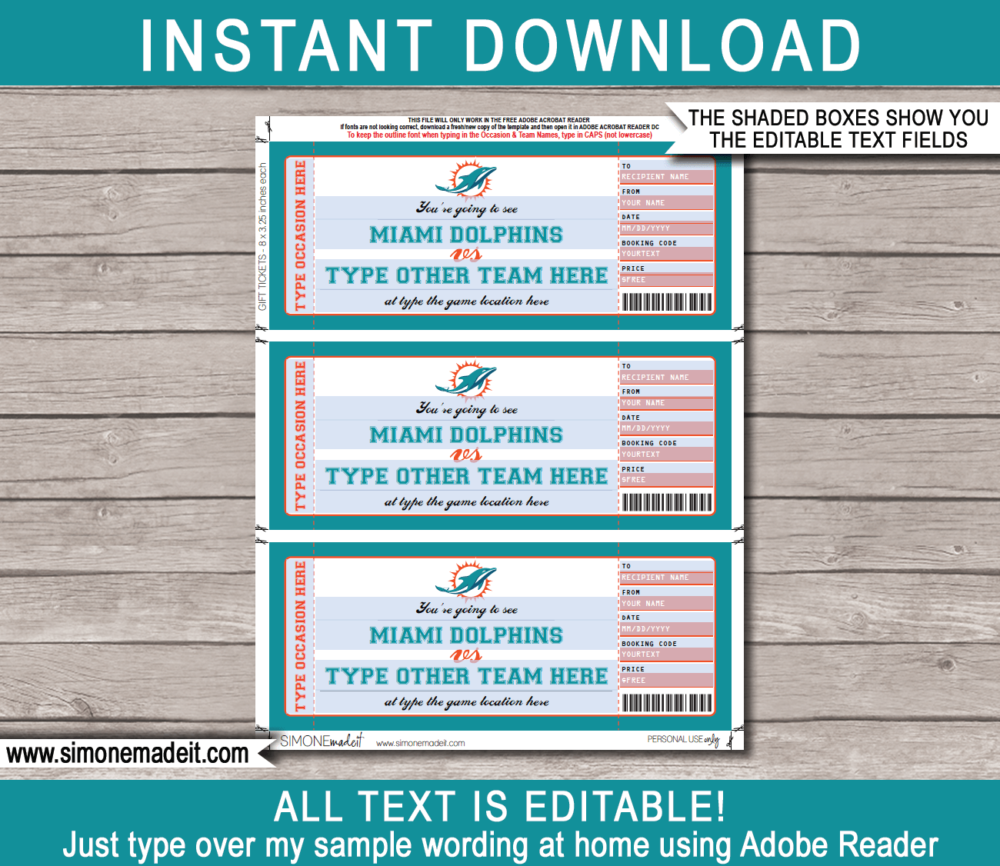 Printable Miami Dolphins Game Ticket Gift Voucher Template | Surprise tickets to a Miami Dolphins Football Game | Editable Text | Gift Certificate | Birthday, Christmas, Anniversary, Retirement, Graduation, Mother's Day, Father's Day, Congratulations, Valentine's Day | INSTANT DOWNLOAD via giftsbysimonemadeit.com