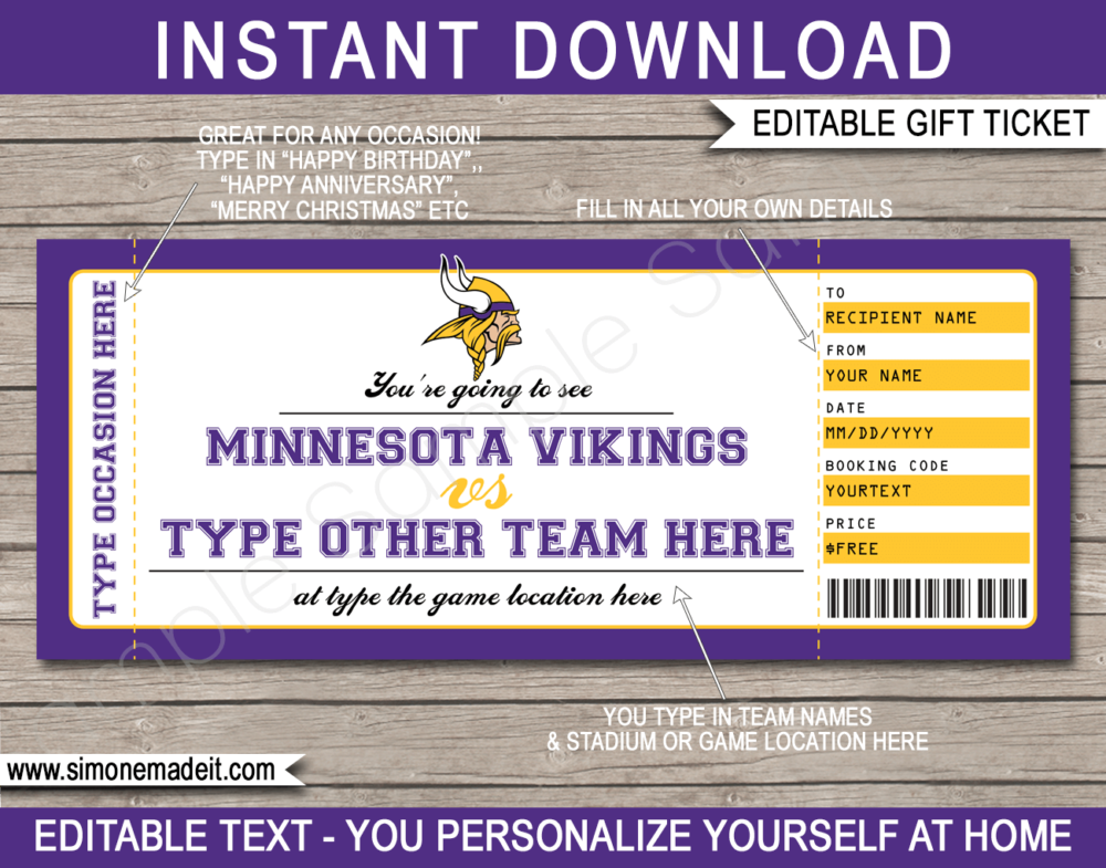 Printable Minnesota Vikings Game Ticket Gift Voucher Template | Surprise tickets to a Minnesota Vikings Football Game | Editable Text | Gift Certificate | Birthday, Christmas, Anniversary, Retirement, Graduation, Mother's Day, Father's Day, Congratulations, Valentine's Day | INSTANT DOWNLOAD via giftsbysimonemadeit.com