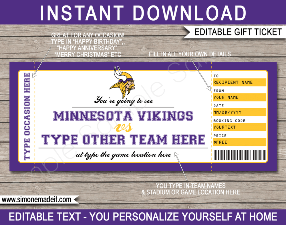 Minnesota Vikings Game Ticket Gift Voucher Printable Surprise My XXX