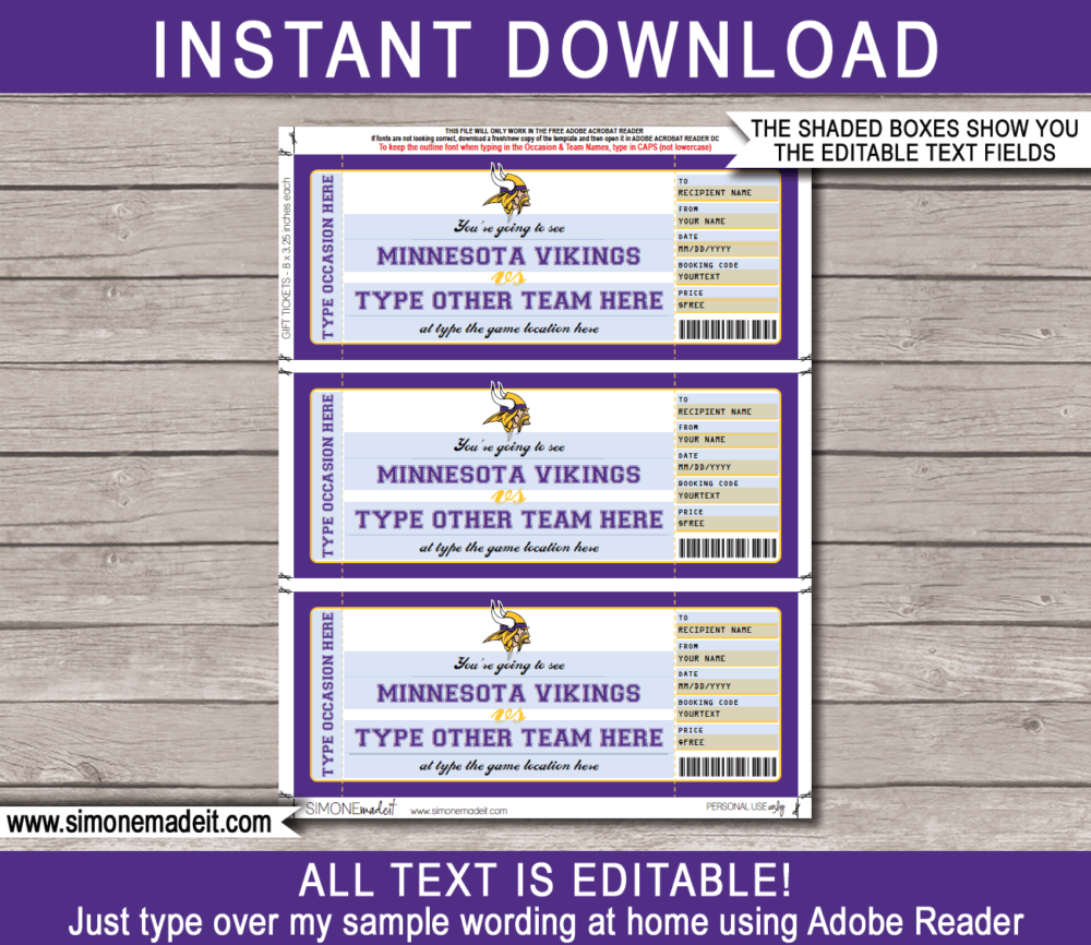 Printable Minnesota Vikings Game Ticket Gift Voucher Template | Surprise tickets to a Minnesota Vikings Football Game | Editable Text | Gift Certificate | Birthday, Christmas, Anniversary, Retirement, Graduation, Mother's Day, Father's Day, Congratulations, Valentine's Day | INSTANT DOWNLOAD via giftsbysimonemadeit.com