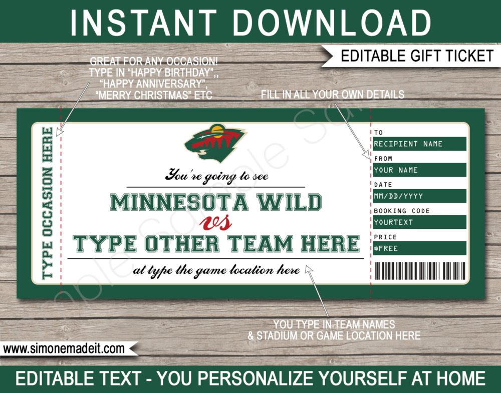 Printable Minnesota Wild Game Ticket Gift Voucher Template | Printable Surprise NHL Hockey Tickets | Editable Text | Gift Certificate | Birthday, Christmas, Anniversary, Retirement, Graduation, Mother's Day, Father's Day, Congratulations, Valentine's Day | INSTANT DOWNLOAD via giftsbysimonemadeit.com