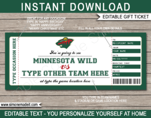Printable Minnesota Wild Game Ticket Gift Voucher Template | Printable Surprise NHL Hockey Tickets | Editable Text | Gift Certificate | Birthday, Christmas, Anniversary, Retirement, Graduation, Mother's Day, Father's Day, Congratulations, Valentine's Day | INSTANT DOWNLOAD via giftsbysimonemadeit.com