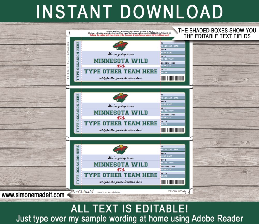 Printable Minnesota Wild Game Ticket Gift Voucher Template | Printable Surprise NHL Hockey Tickets | Editable Text | Gift Certificate | Birthday, Christmas, Anniversary, Retirement, Graduation, Mother's Day, Father's Day, Congratulations, Valentine's Day | INSTANT DOWNLOAD via giftsbysimonemadeit.com