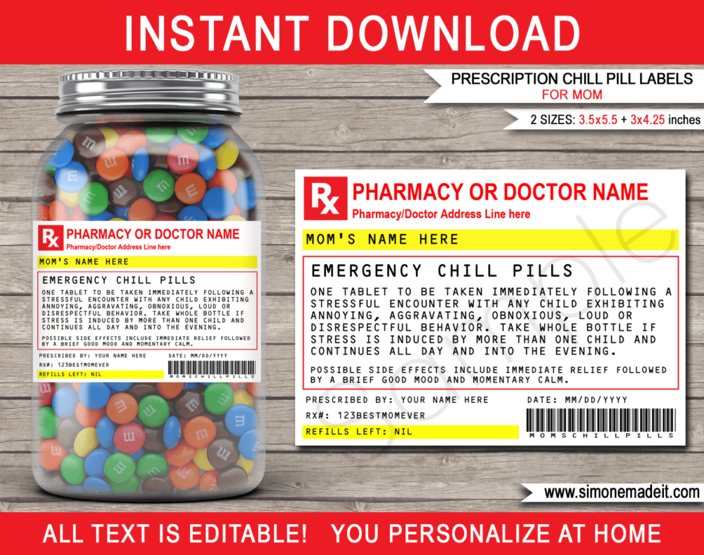Printable Prescription Mom Chill Pills Label template | Funny Practical Joke Gag Gift for Mom | Mothers Day Gift | Birthday Gift | Apology Gift | Last minute Gift | Sarcastic Gift | Candy Medicine | DIY Fake Pharmacy Rx Prescription Label | INSTANT DOWNLOAD via simonemadeit.com #momchillpills #giftformom #happymothersday #lastminutegift