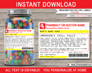 Printable Prescription Mom Chill Pills Label template | Funny Practical Joke Gag Gift for Mom | Mothers Day Gift | Birthday Gift | Apology Gift | Last minute Gift | Sarcastic Gift | Candy Medicine | DIY Fake Pharmacy Rx Prescription Label | INSTANT DOWNLOAD via simonemadeit.com #momchillpills #giftformom #happymothersday #lastminutegift