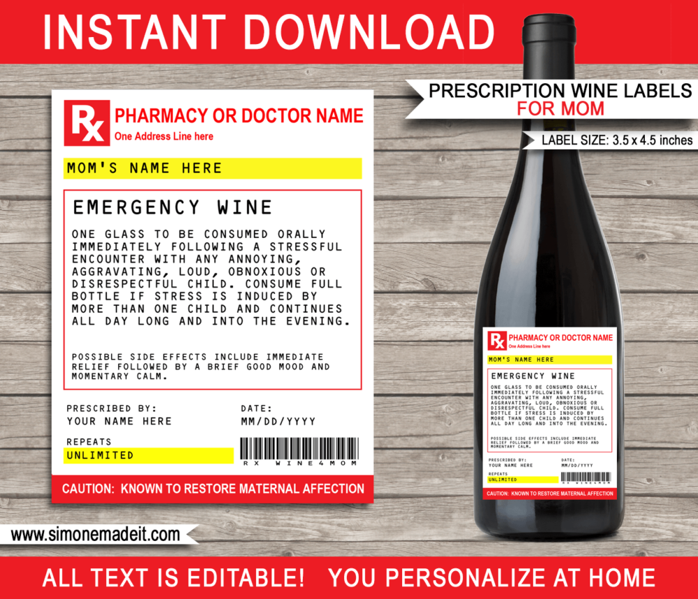 Printable Mom Prescription Wine Labels Template | Emergency Wine | Funny Prank Gag Gift for Mom | Medical Practical Joke | DIY Pretend Fake Pharmacy Rx Prescription Label | Last Minute Gift | INSTANT DOWNLOAD via giftsbysimonemadeit.com
