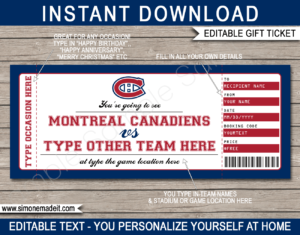 Printable Montreal Canadiens Game Ticket Gift Voucher Template | Printable Surprise NHL Hockey Tickets | Editable Text | Gift Certificate | Birthday, Christmas, Anniversary, Retirement, Graduation, Mother's Day, Father's Day, Congratulations, Valentine's Day | INSTANT DOWNLOAD via giftsbysimonemadeit.com