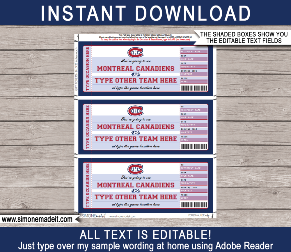 Printable Montreal Canadiens Game Ticket Gift Voucher Template | Printable Surprise NHL Hockey Tickets | Editable Text | Gift Certificate | Birthday, Christmas, Anniversary, Retirement, Graduation, Mother's Day, Father's Day, Congratulations, Valentine's Day | INSTANT DOWNLOAD via giftsbysimonemadeit.com