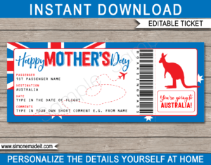 Printable Surprise Mother's Day Trip to Australia Boarding Pass template | Surprise Trip Reveal, Flight, Getaway, Holiday, Vacation Down Under | Faux Fake Plane Boarding Pass | Mothers Day Present | DIY Editable Template | Instant Download via giftsbysimonemadeit.com
