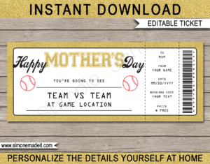 Printable Mother's Day Baseball Ticket Gift Voucher Template - Surprise tickets to a Baseball Game - Gift Certificate - Mother's Day present - DIY Editable & Printable Template - INSTANT DOWNLOAD via giftsbysimonemadeit.com #baseballgifttickets #lastminutegift