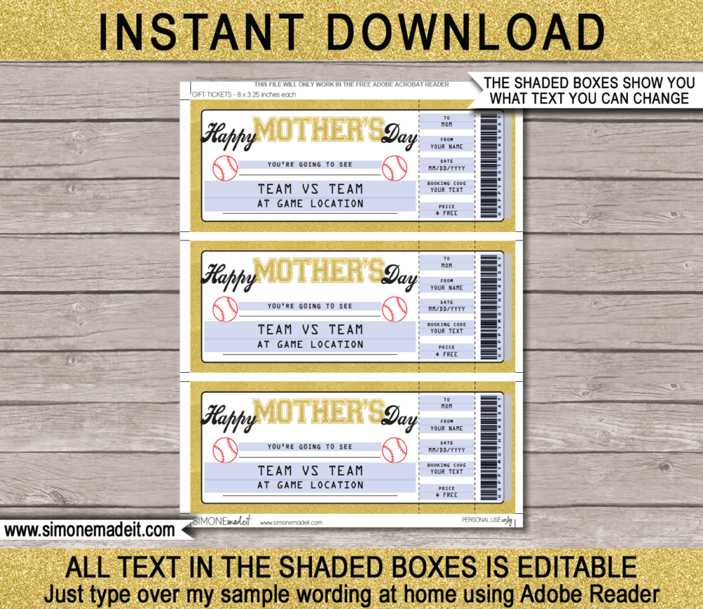 Printable Mother's Day Baseball Ticket Gift Voucher Template - Surprise tickets to a Baseball Game - Gift Certificate - Mother's Day present - DIY Editable & Printable Template - INSTANT DOWNLOAD via giftsbysimonemadeit.com #baseballgifttickets #lastminutegift