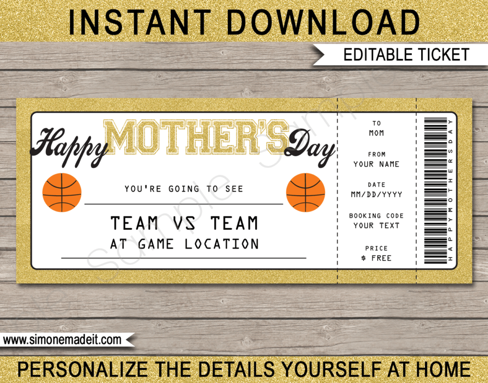 Printable Mother's Day Basketball Ticket Gift Voucher Template - Surprise tickets to a Basketball Game - Gift Certificate - Mother's Day present - DIY Editable & Printable Template - INSTANT DOWNLOAD via giftsbysimonemadeit.com #basketballgifttickets #lastminutegift #ballislife