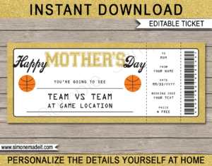 Printable Mother's Day Basketball Ticket Gift Voucher Template - Surprise tickets to a Basketball Game - Gift Certificate - Mother's Day present - DIY Editable & Printable Template - INSTANT DOWNLOAD via giftsbysimonemadeit.com #basketballgifttickets #lastminutegift #ballislife