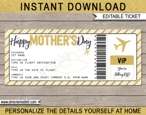 Printable Mother's Day Gift Boarding Pass Template | Surprise Trip Reveal, Flight, Getaway, Holiday, Vacation | Faux Fake Plane Boarding Pass | Travel Ticket | Mothers Day Present | DIY Editable Template | Instant Download via giftsbysimonemadeit.com