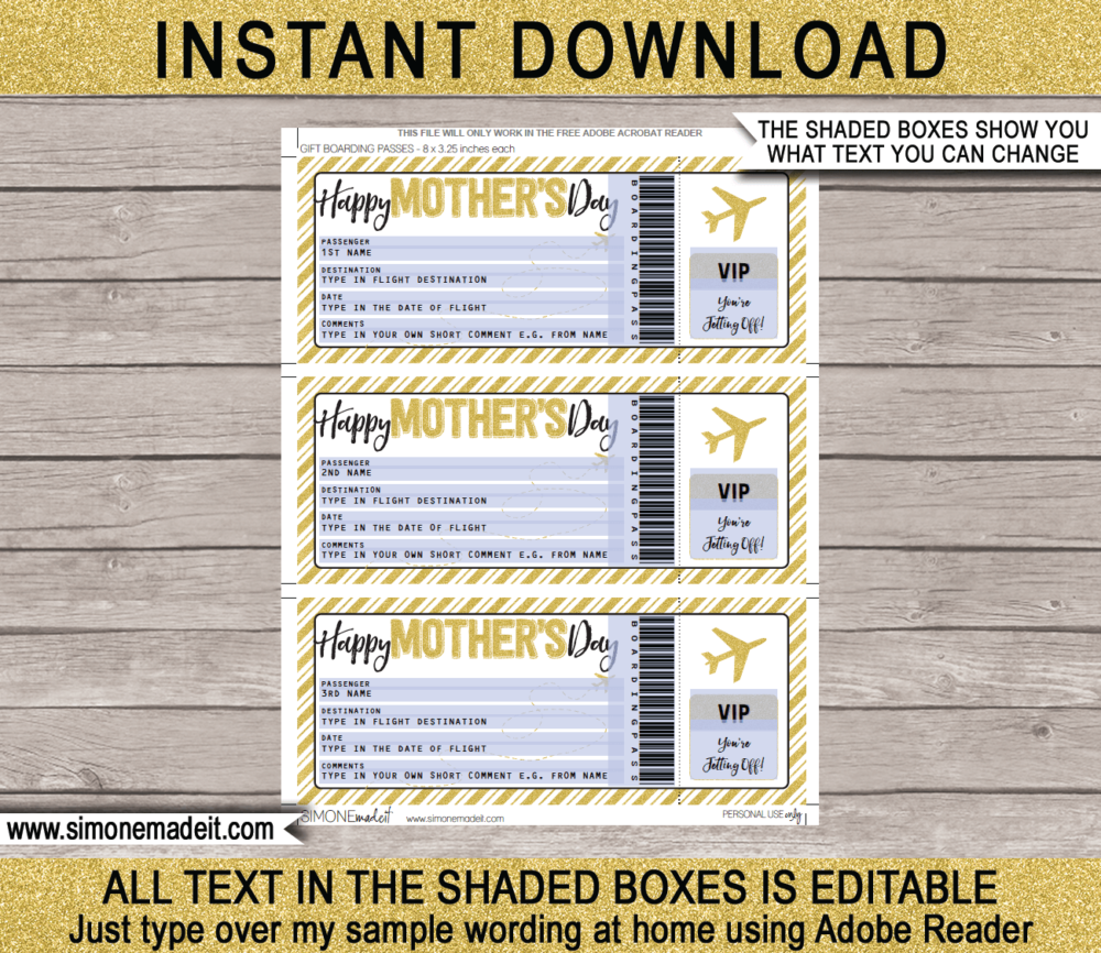 Printable Mother's Day Gift Boarding Pass Template | Surprise Trip Reveal, Flight, Getaway, Holiday, Vacation | Fake Plane Ticket | Travel Ticket | Mothers Day Present | DIY Editable Template | Instant Download via giftsbysimonemadeit.com