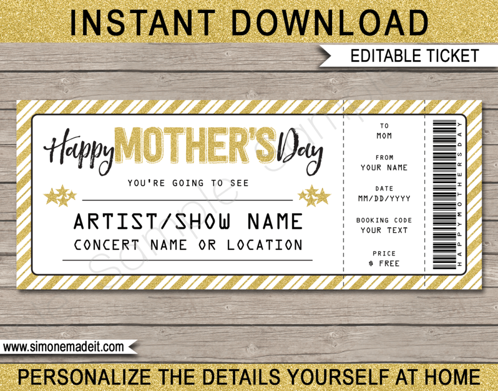 Printable Mothers Day Concert Ticket Template - Surprise Tickets to a Concert for Mom | Gold Glitter | Editable & Printable DIY Gift Voucher | Last Minute Gift | Concert, Show, Performance, Band, Artist, Music Festival | Instant Download via giftsbysimonemadeit.com