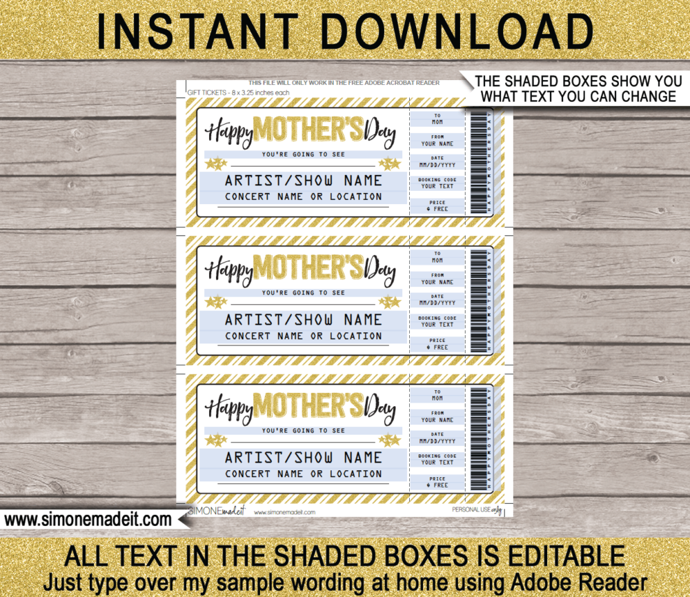 Printable Mothers Day Concert Ticket Template - Surprise Tickets to a Concert for Mom | Gold Glitter | Editable & Printable DIY Gift Voucher | Last Minute Gift | Concert, Show, Performance, Band, Artist, Music Festival | Instant Download via giftsbysimonemadeit.com