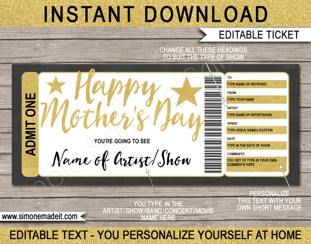 Printable Mothers Day Concert Ticket Gift Voucher template - Surprise Tickets to a Concert for Mom | Gold Glitter | Editable & Printable DIY Voucher | Last Minute Present | Concert, Show, Performance, Band, Artist, Music Festival, Movie | Instant Download via giftsbysimonemadeit.com