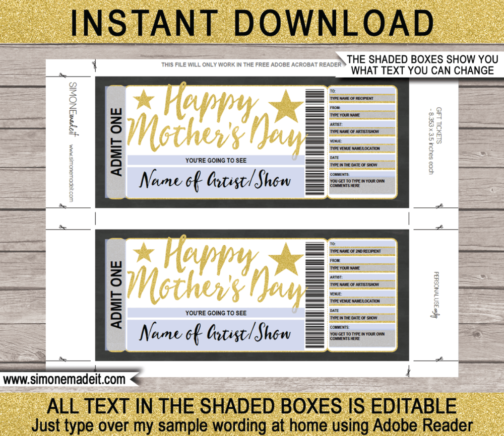 Printable Mothers Day Concert Ticket Gift Voucher template - Surprise Tickets to a Concert for Mom | Gold Glitter | Editable & Printable DIY Voucher | Last Minute Present | Concert, Show, Performance, Band, Artist, Music Festival, Movie | Instant Download via giftsbysimonemadeit.com
